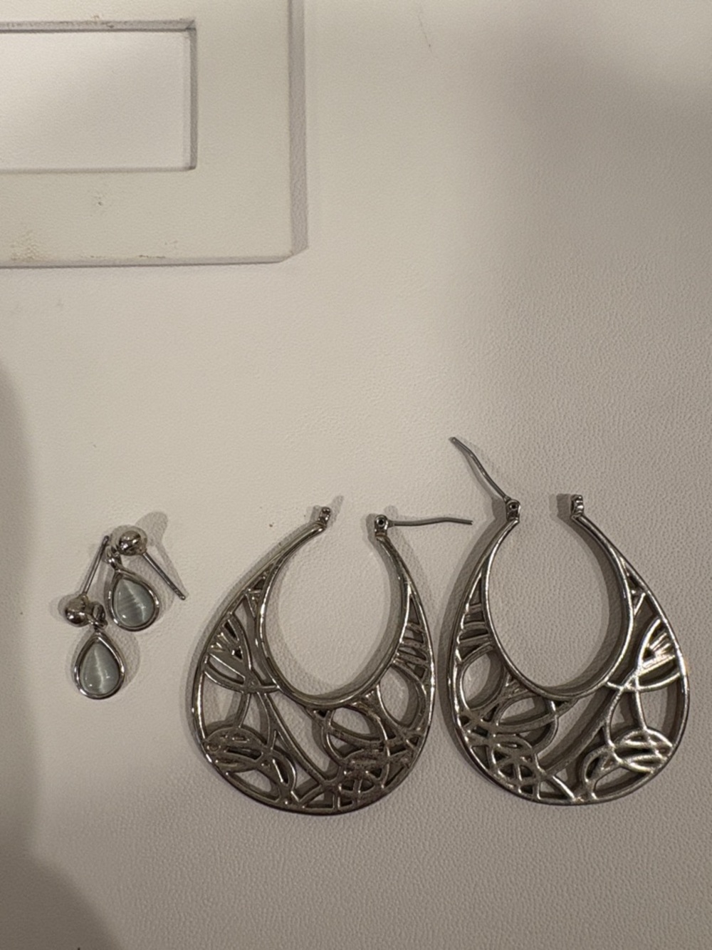 Silver Filigree Hoop Earrings with Teardrop Accent